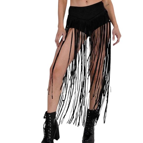 IHeartRaves Dresses & Skirts - iHeartRaves Black High Waisted Cowgirl Festival Fringe Bottoms Skirt Size Large